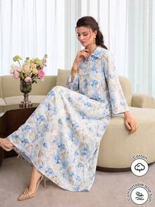 Yasmyna Collared Button-Front Printed Long Shirt, Multi-Color    Contrast Piping Blue Formal Casual Traditional For Women Dress - Blue - View 6