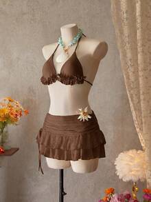 Bellisia Women's Summer Beach Solid Color Frill Trim Halter Bikini Top Coffee Brown Sexy - Mocha Brown - View 3