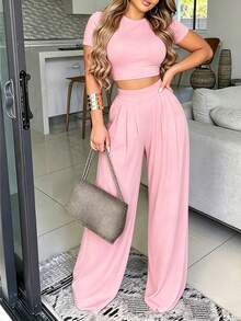 Selianne Setelan 2 Potong Wanita Kasual Warna Polos, Kaos Pendek dan Celana, Musim Panas - Baby Pink - View 3