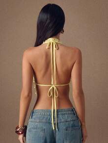 SHEIN BAE Yellow Beaded Halter Backless Tie-Up Lining Sexy Bikini Top For Women, Spring/Summer,Summer Top - Yellow - View 2