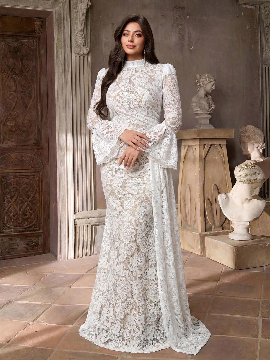 Aureia Đầm dạ hội dáng đuôi cá size lớn sang trọng thanh lịch lãng mạn, cổ trắng, tay loe, nhún bèo, phối patchwork, tà dài, phù hợp cho tiệc tối, tiệc độc thân, hẹn hò, dạ hội, du lịch, đám cưới - trắng - Xem 1