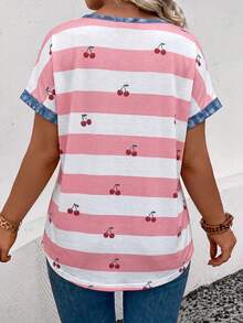 Plus Size Cherry Print Striped V-Neck T-Shirt, Denim Patchwork Raglan Sleeve Casual Top For Women - Multicolor - View 2