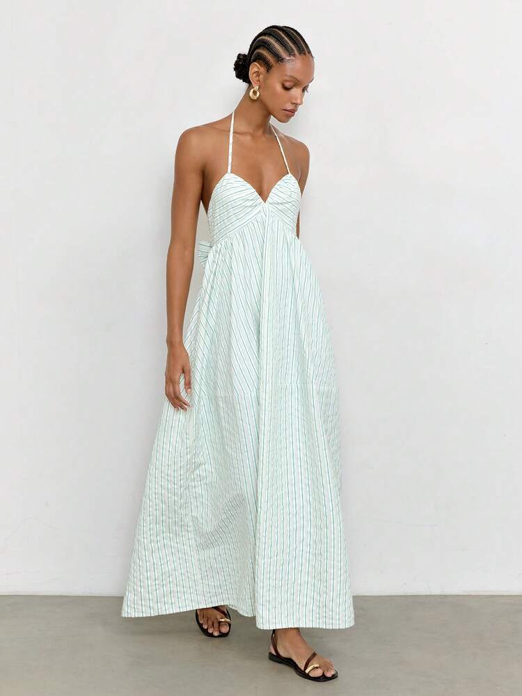 SHEIN Maija Women's Green And White Striped Backless Vacation Halter Dress,Summer Casual Holiday Vacation Holiday,Beach Outfit,Graduation,,Country Style