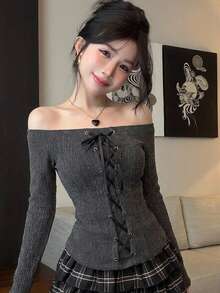 DAZY 秋季女款炭灰色可愛修身長袖T恤，綁帶拼接設計，蝴蝶結優雅哥德風，適合婚禮、夜店、時尚派對與音樂節穿搭上衣 - 深灰色 - 查看 4