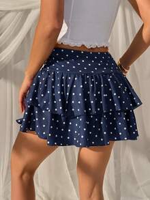 SHEIN EZwear 女款夏季復古優雅度假風圓點印花雙層荷葉邊裙襬裙 - 藏蓝色 - 查看 2
