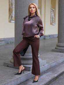 Elenary Edit Blusa elegante y chic de cuello alto, manga larga con puño de lazo para mujer, ideal para vacaciones - Morado - Ver 3