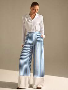 CLARA VERO High Waist Striped Wide Leg Pants Set, Relaxed Fit Elongates Legs Perfect For Beach Walks, City Strolls Or Casual Summer Days, Made In Non-Elastic Blue Stripe 100% Polyester Linen-Look Fabric For Breezy Feel And Effortless Style - Multicolor - View 6