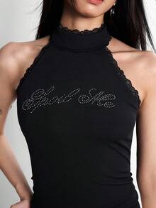 Rina Fox Áo croptop cổ yếm đính đá chữ cái gợi cảm theo phong cách năm 2026, áo thun không tay ren phong cách retro Y2K. - màu đen - Xem 5