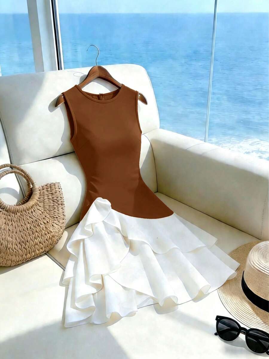 Franclia Váy nữ không tay phối màu tương phản, gấu bèo nhún - màu nâu - Xem 1