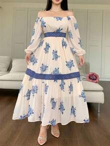 DAZY Contrast Color Lace Full Floral Print Mid-Length Dress For Women Sundress - Aqua Blue - View 4