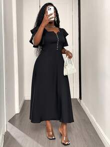 SHEIN Elegant Sexy Minimalist Daily Wear Golf Dinner Date Formal Dress, Ruffle Double-Layer Sleeves, Flared Skirt, Church Summer Black - Black - View 7
