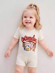CoComelon X SHEIN Baby Girl Cartoon Print Crew Neck Short Sleeve Romper, - Apricot - View 3