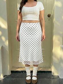 GalTyme Plus Size Polka Dot Print Fitted Casual White Skirt, Summer - White - View 5