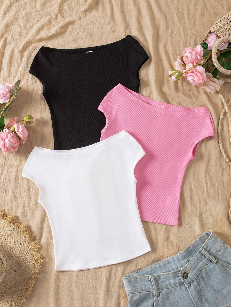 Sparklyn 3pcs/Set Girls' Off-Shoulder Snug Fit T-Shirts, Vacation Style, Multicolor - Multicolor - View 1