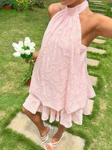 SHEIN Maternity Halter Neck Tie Pleated Fashionable Date Party Dress Summer Dresses Elegant Dresses For Party Casual Outfits Ruffle Dress   Pink Dress - Multicolor - View 7