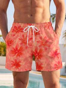 SHEIN 男士花卉短款海灘短褲，適合島嶼度假、夏威夷度假、情侶度假約會、假期 - 彩色 - 查看 2