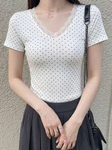 Dazy Tall 高個女款休閒波點與蕾絲拼接長袖T恤 - 黑與白 - 查看 2