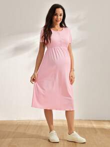 GentleRue Maternity 孕婦純色圓領短袖鈕扣設計休閒哺乳洋裝 - 粉色 - 查看 4