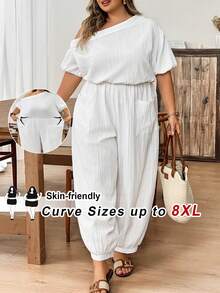 SHEIN CURVE+ 白色夏季休閒時尚派對度假大尺碼連身褲，女款波希米亞風單肩輕量連身褲，適合音樂節、海灘與早午餐 - 白色 - 查看 9