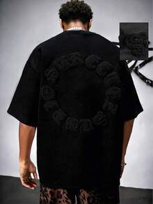 ROMWE MEN Essentials Men's Short Sleeve T-Shirt With Embroidered Motif, Suitable For Spring And Summer - Black - View 4