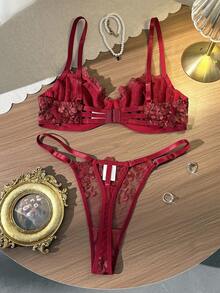 Divavoom 2pcs Mesh Embroidered Women's Lingerie Set - Redwood - View 5