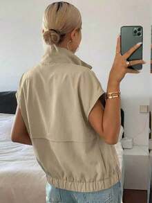 DAZY 女款翻領無袖短版街頭休閒背心式薄外套，適合夏季校園穿搭 - 卡其色 - 查看 3