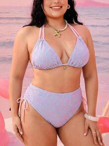 Swim Vcay 两件套加大码女士纹理露背吊带三角比基尼泳衣，适合海滩和度假 - 彩色 - 查看 3