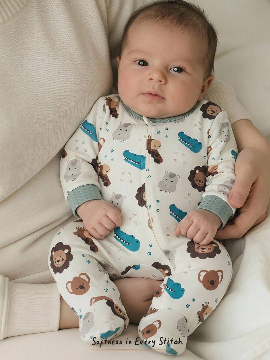 Cozy Pixies Newborn Baby Comfortable Soft Cartoon Print Zipper Long Sleeve Romper - Multicolor - View 1