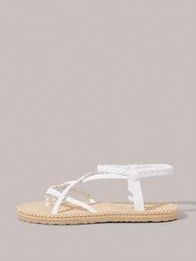 Styleloop Women's Woven Buckle Flat Sandals, White, Rope-Like Sole, Toe Ring Design, Roman Lace-Up Design, Holiday Atmosphere, Summer Wear, Travel Essentials - White - View 10