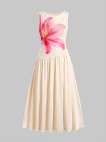 SHEIN Gaun Tanpa Lengan Model A-Line Motif Bunga untuk Remaja Perempuan, dengan Detail Kerut di Bagian Dada dan Bahu, Warna Aprikot, Elegan - Biru - View 4