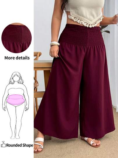 Enliva Plus-Size Women's Pleated Waist Wide-Leg Pants, Casual Stretch Wide-Leg Pants, Purple-Red Wide-Leg Trousers