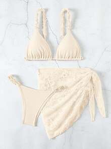 Swim Mod Women's Summer Beach Solid Color Ruched Bikini Set With Coverup And Skirt - Apricot - View 3