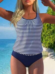 Swim Lushoire 1 Set Traje de Baño Tankini Elegante y Casual con Estampado de Rayas Azules & Blancas para Mujer - Multicolor - Ver 1