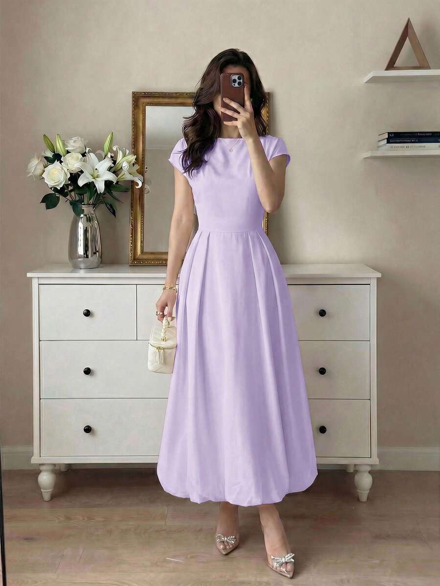 Modelyn 女款素色圓領短袖百褶設計優雅長洋裝 - 紫色 - 查看 1