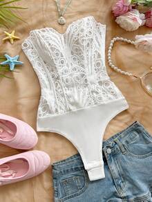 Soleia Elegant Sexy White Lace Backless Bodysuit For Women Summer Rave Club Night Out Vacation Night Music Festival Beach Wedding Guest Attire Bohemian - White - View 1