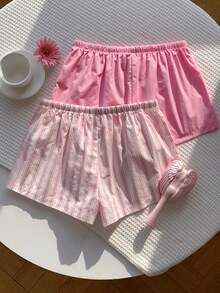 Comfortcana Women's Tie Waist Button Design Casual Cute Shorts Pink Stripe Summer Lounge - Pink - View 2