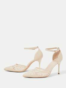 CUCCOO HITCHD Zapatos de mujer primavera y verano nuevos beige de malla bordada con punta y hebilla, sandalias de tacón de aguja hueco, elegantes para citas, bodas y damas de honor - P beige - Ver 4