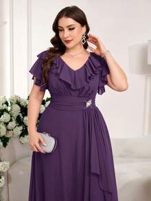 SHEIN Clasi Plus Size Women's Solid Color Ruffle V-Neck Elegant Dress - Purple - View 13