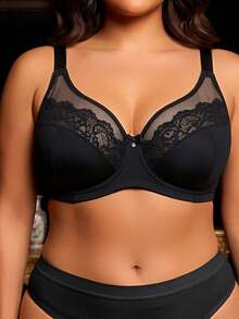 Divavoom Plus Size Solid Color Mesh & Lace Patchwork Underwire Bra - Black - View 4