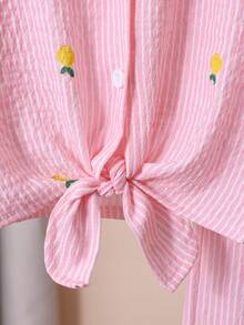 2pcs Girls Striped Textured Fabric Short Sleeve Shirt And Casual Pants Set - Pink - View 3