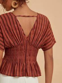 Travachic Top de mujer para vacaciones con estampado a cuadros, cintura fruncida, bajo con volantes y mangas de murciélago - Rojo - Ver 2