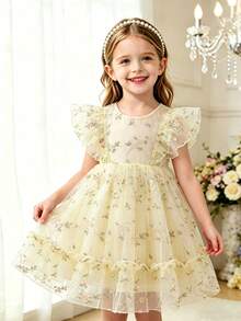 SHEIN Glamorique Kids 刺繡公主洋裝，小飛袖腰部貼身正式洋裝，適用於幼童，四季皆宜 - 彩色 - 查看 3