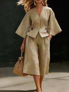 Breezaya Bộ đồ nữ mùa xuân/hè/thu tay loe phối nơ gồm áo cardigan và quần ống rộng, chất liệu sợi tre mềm mại, màu mơ nhạt, thích hợp mặc thường ngày/nghỉ dưỡng/đi biển. - Màu be - Xem 2