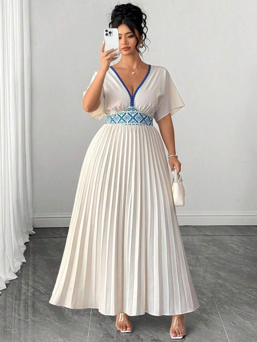 Elenzga Plus Size Floral Trim Collar Decor Pleated Hem Long Dress For Women - Apricot - View 1