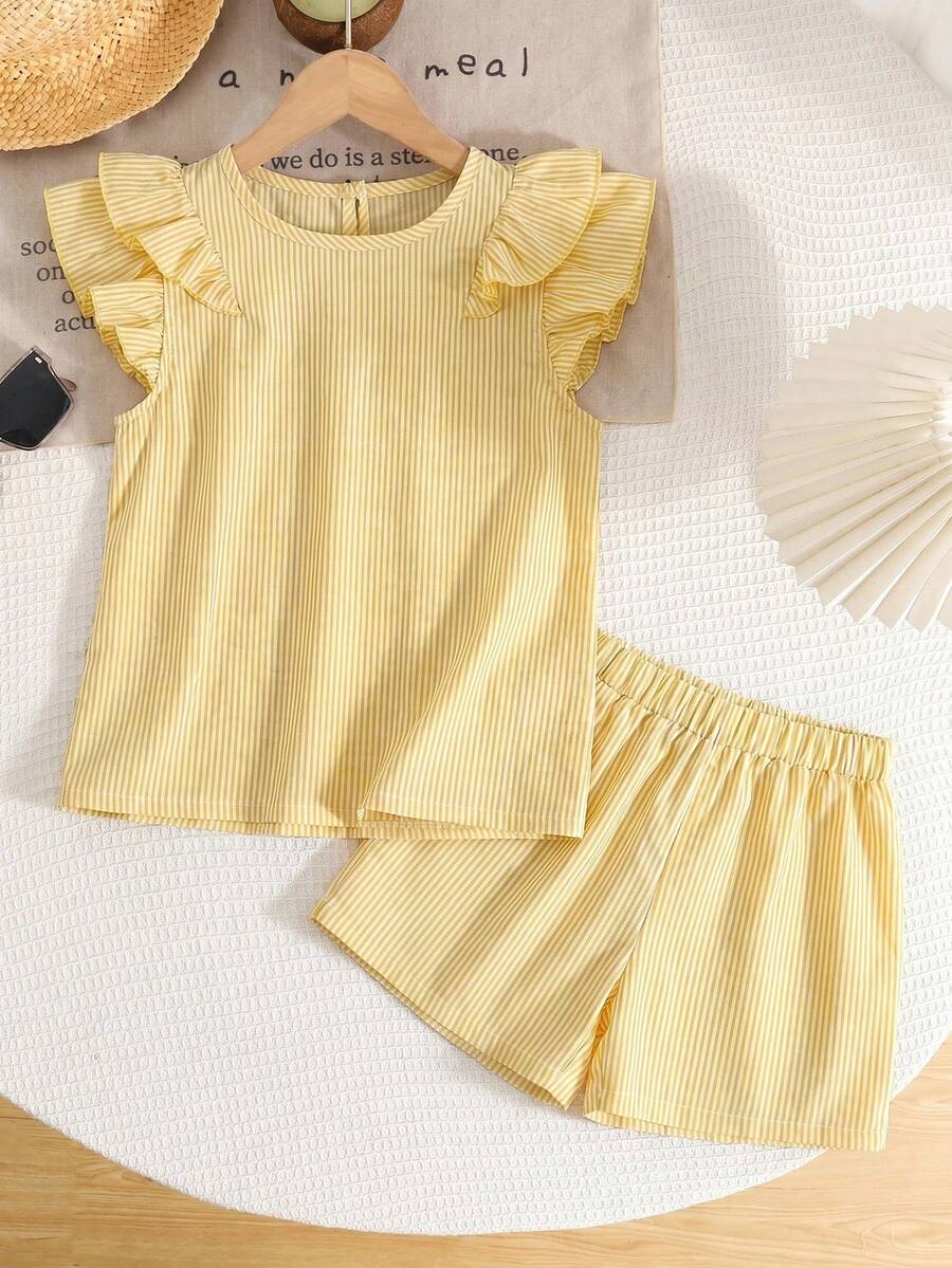 SHEIN LMoss Kids Tween Girl 2 Pieces Set: Casual Comfortable Round Neck Ruffle Blouse And Pants - Yellow - View 1