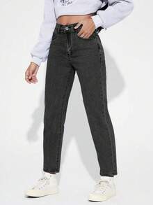 Jeanoix Plus Size Women High Waist Pockets Casual Tapered Jeans Back-To-School Dark Green Summer - Dark Grey - View 3
