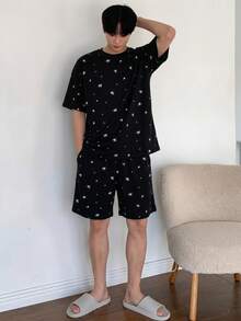 DAZY 黑色花卉印花短袖上衣和短裤男士睡衣套装 - 黑色 - 查看 6