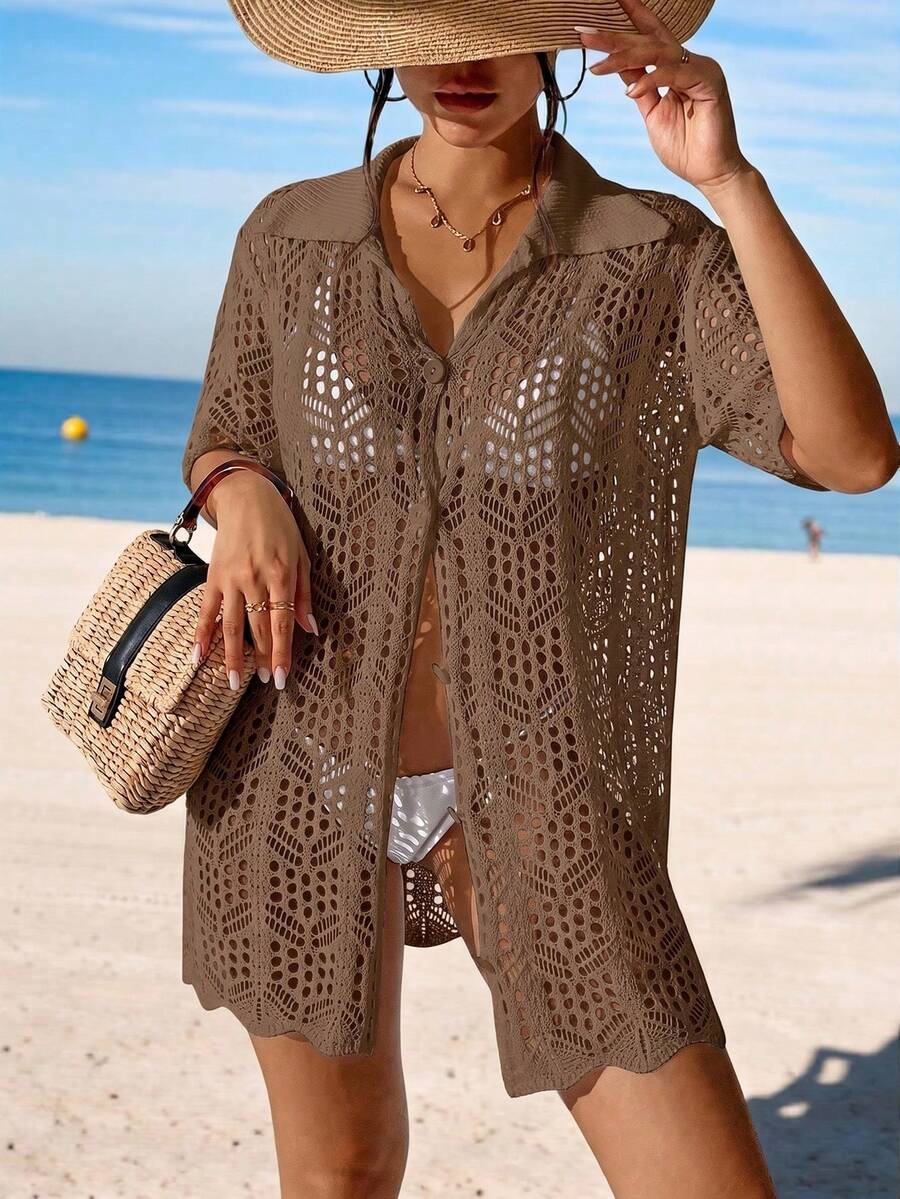Swim Vcay Women's Solid Color Short Sleeve Hollow Out Kimono Cover Up For Vacation - Brown - View 1