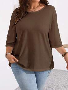 Plus Size Women Solid Color Round Neck Drop Shoulder Casual Loose T-Shirt Fall - Brown - View 3