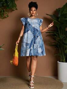 Maweii Robe ample à imprimé floral, col rond, manches volantées, coupe trapèze, style décontracté élégant, design mode, convient pour les trajets, le port quotidien, les vacances, grande taille, vert, printemps/été - Multicolore - Voir 6